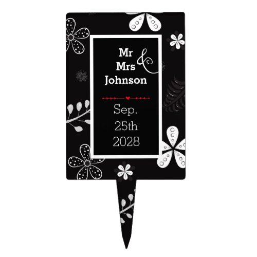 Floral Black and White Wedding Cake Topper