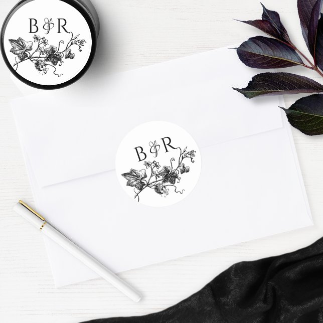 Floral Black and White Wedding Envelope Seal/Favor Classic Round Sticker (Creator Uploaded)