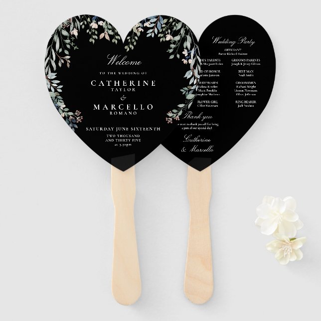 Floral Black And White Wedding Program Hand Fan (Front and Back)