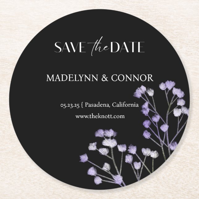 Floral Black and White Wedding Save the Date Round Paper Coaster (Front)