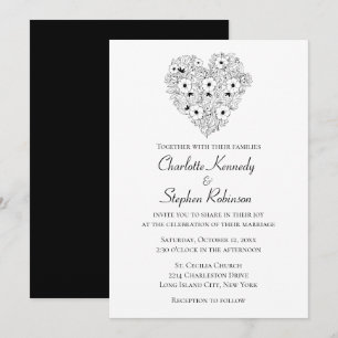 Floral Black Anemones Heart Wedding Flowers Invitation
