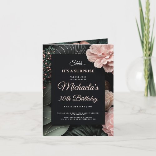 Floral Black background Surprise Birthday Party Invitation