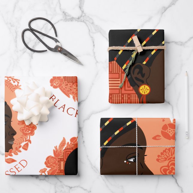 Floral Black & Blessed Wrapping Paper Sheets (Front)