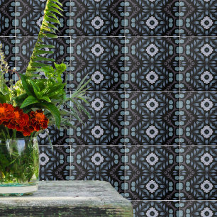 Floral Black Blue Pattern With Folk Art Motifs Ceramic Tile