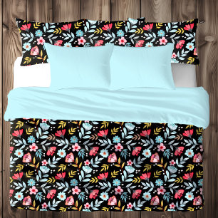Floral Black Blue Pink Colorful Summer Farmhouse Duvet Cover