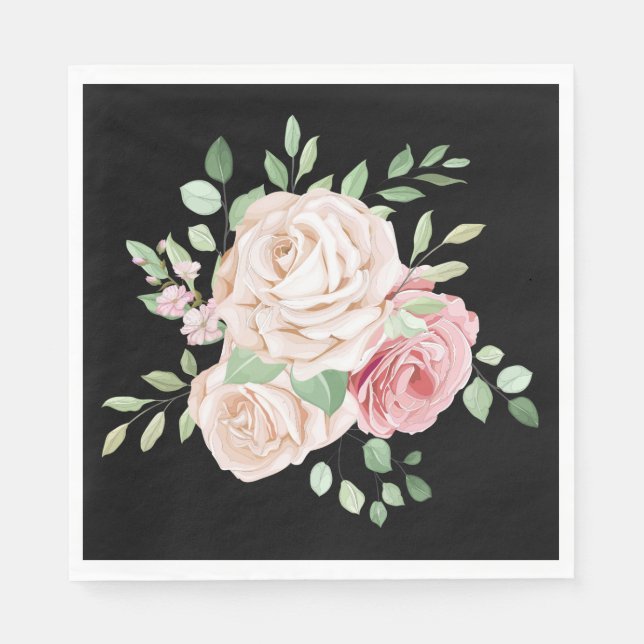 Floral Black Blush Pink Elegant Rose Napkins (Front)