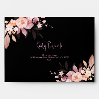 Floral Black & Blush Rose Wedding Envelope