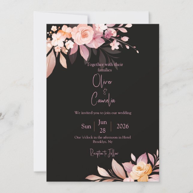 Floral Black & Blush Rose Wedding  Invitation (Front)