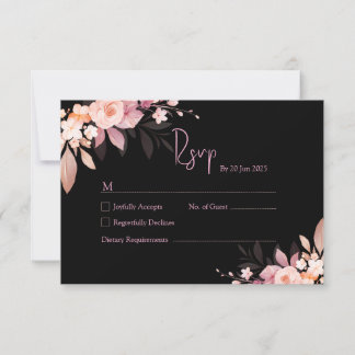 Floral Black & Blush Rose Wedding RSVP Card