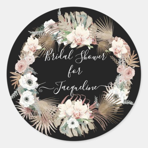 Floral Black Blush White Rustic Wood Palm Foliage Classic Round Sticker