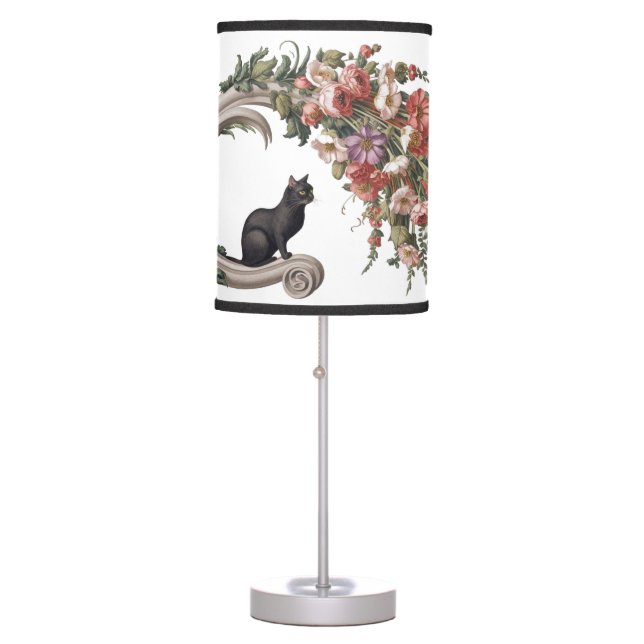 Floral Black Cat, Black Cat Flowers Table Lamp (Front)