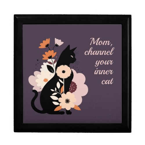 Floral black cat on purple background gift box