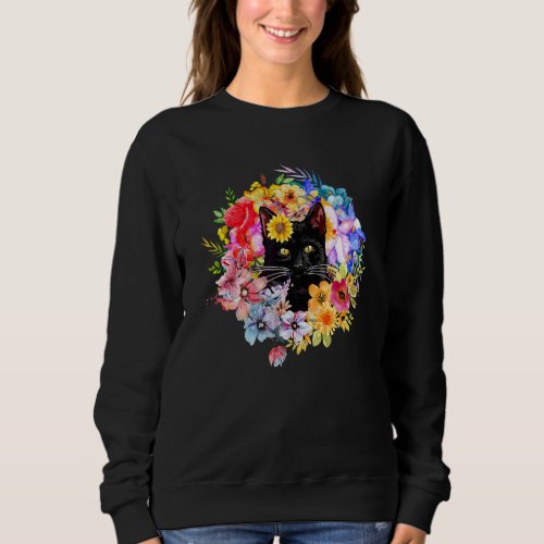 Floral Black Cat Spring Flowers Farm Kitty Garden  Sweatshirt