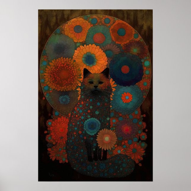 Floral Black Cat with Luminous Shadowing Design Poster (Front)