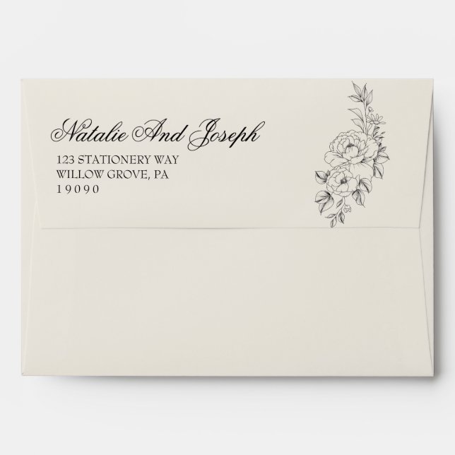 Floral Black Cream Boho Botanical Modern Wedding  Envelope (Back (Top Flap))