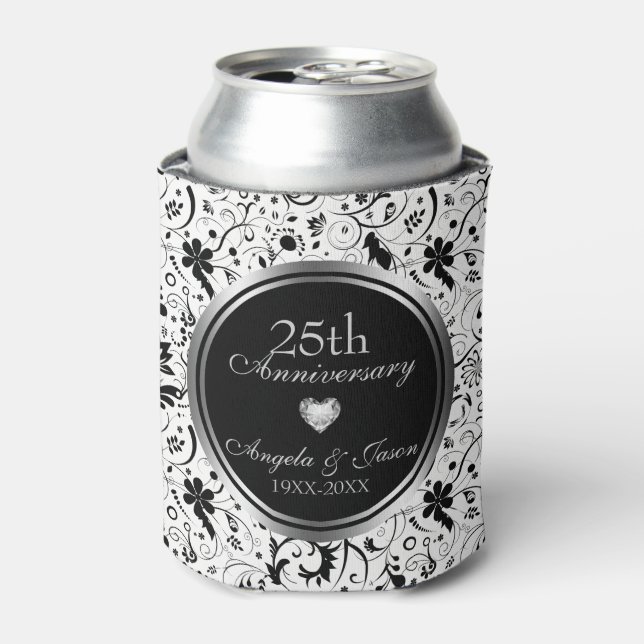 Floral Black Delicate Flowers- Silver Anniversary Can Cooler (Can Front)