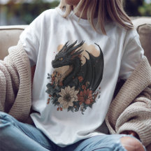 Floral Black Dragon Fantasy T-Shirt