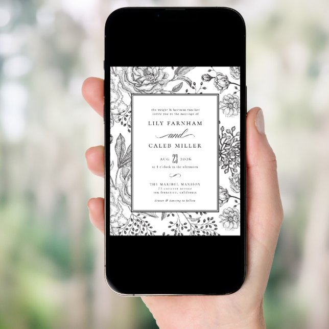 Floral Black Elegant Wedding Invitation (Front Digital)