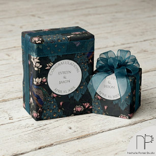 Floral Black Engagement Peacocks Wrapping Paper