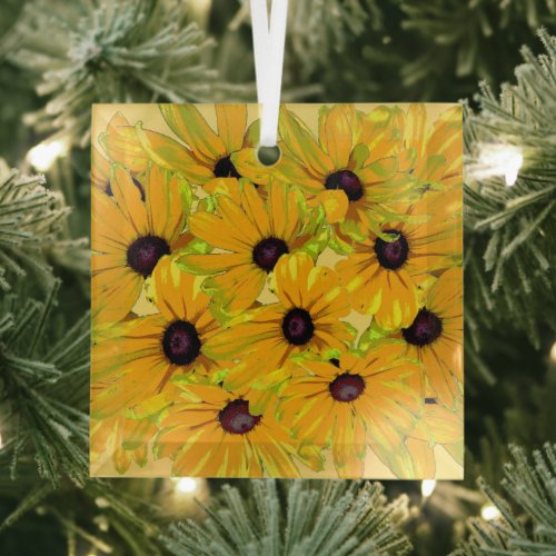 Floral Black Eyed Susan Flowers Beveled  Glass Ornament