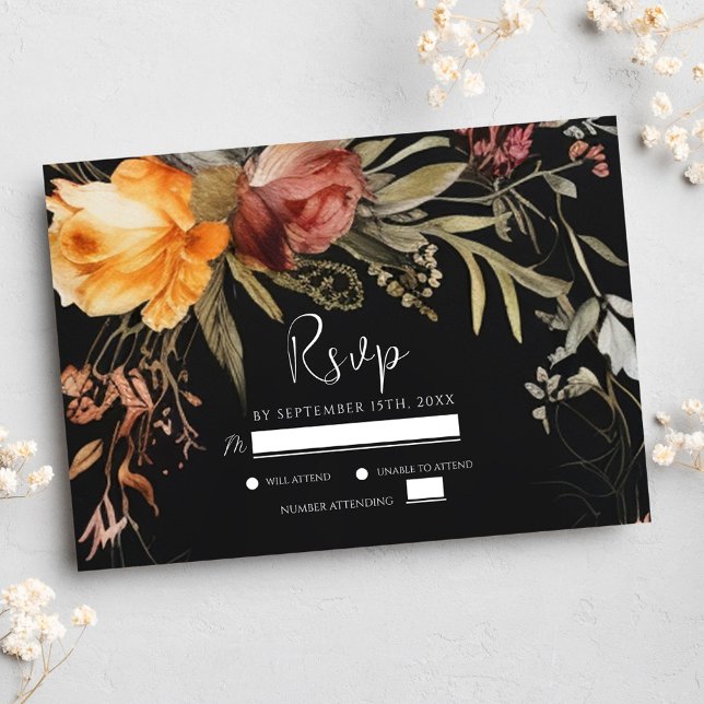 Floral Black Fall Elegant Wedding RSVP Card (Floral Black Fall Elegant Wedding RSVP Card)