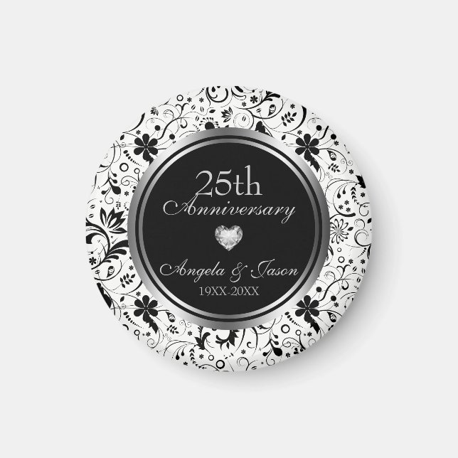 Floral Black Flowers- Silver Anniversary Magnet (Front)