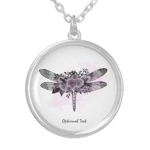 *~* Floral Black Glitter Dragonfly Roses Silver Plated Necklace