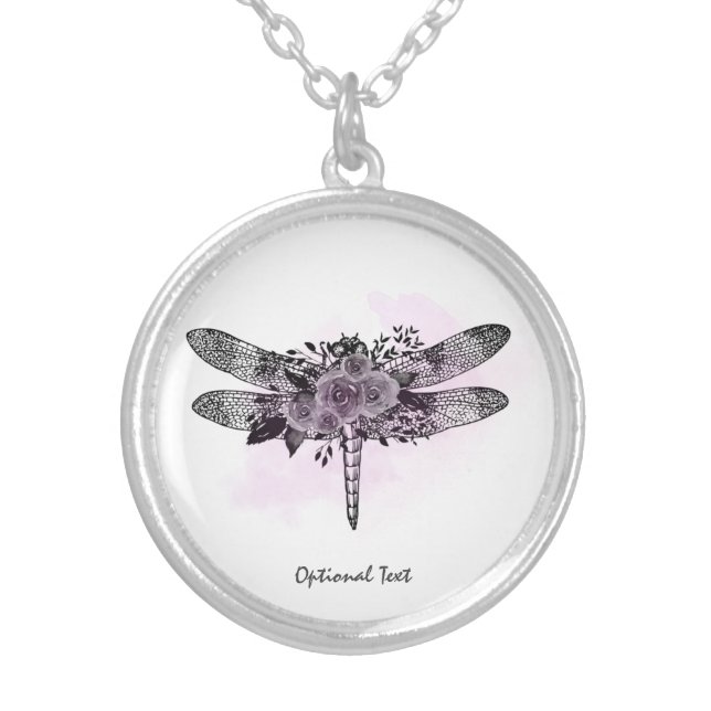 *~* Floral Black Glitter Dragonfly Roses Silver Plated Necklace (Front)