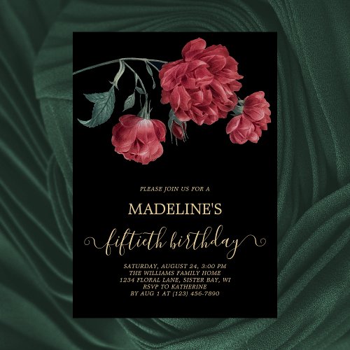 Floral Black Gold 50th Birthday Party Invitation