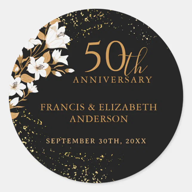 Floral Black Gold 50th Wedding Anniversary Classic Round Sticker | Zazzle