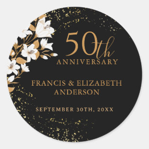 Floral Black Gold  50th Wedding Anniversary Classic Round Sticker