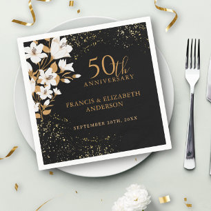 Floral Black Gold 50th Wedding Anniversary Napkins