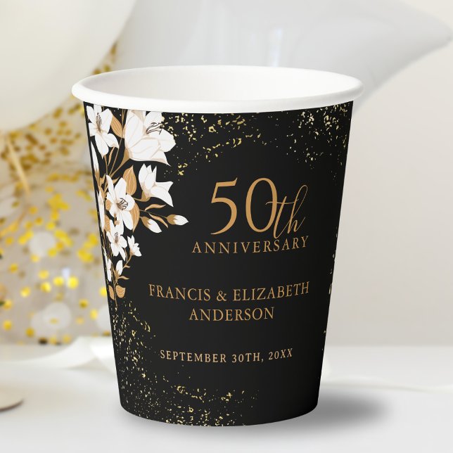 Floral Black Gold  50th Wedding Anniversary Paper Cups (Creator Uploaded)
