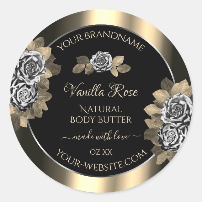 Floral Black Gold and Silver Product Labels Roses (Front)