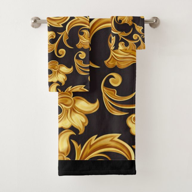 Floral Black Gold Bath Towel Set (Insitu)