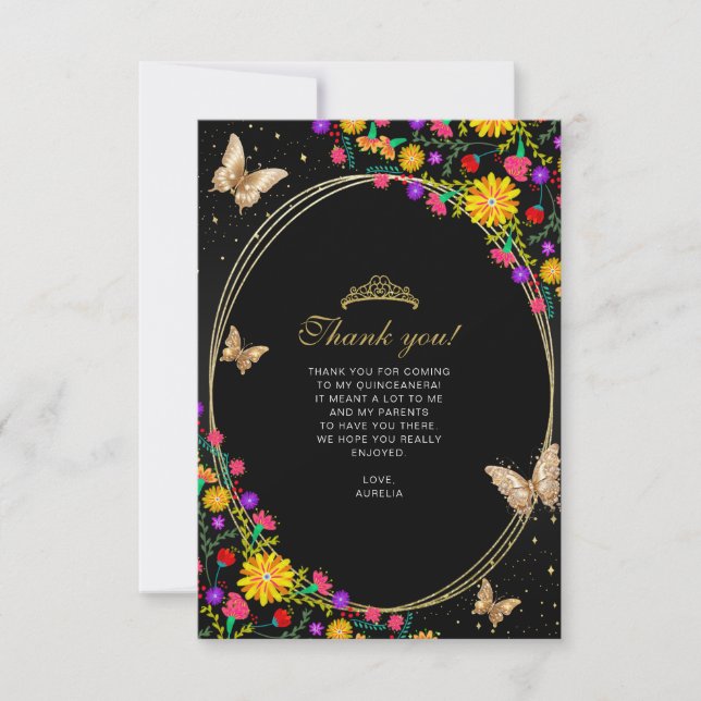 Floral Black Gold Butterfly Quinceañera Photo Note Card (Front)