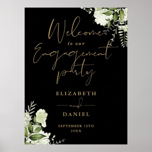 Floral Black Gold Engagement Party Welcome Sign