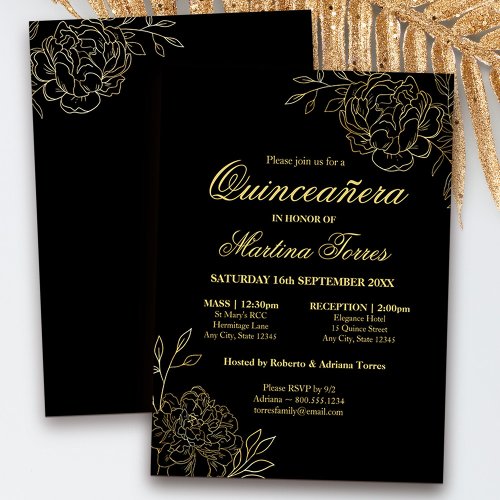 Floral Black Gold Fine Art Quinceanera and Mass Invitation