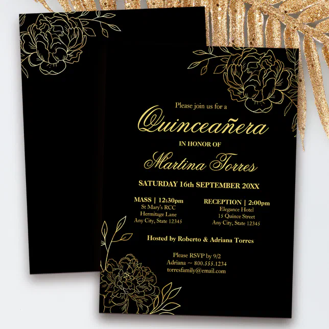 Floral Black Gold Fine Art Quinceanera and Mass Invitation | Zazzle