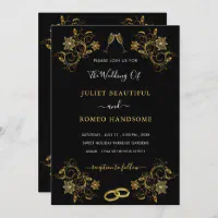 Floral Black Gold Hearts Rings Wedding Invitation