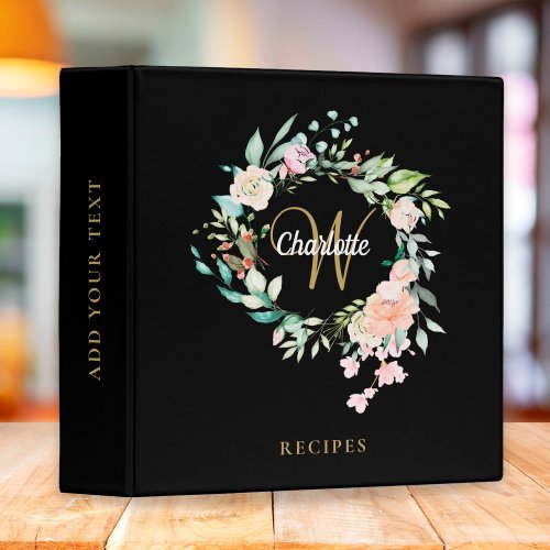 Floral Black Gold Monogram Recipe Cookbook 3 Ring Binder
