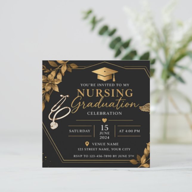 Floral Black Gold Nursing Graduation Invitation El (Standing Front)