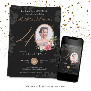 Floral Black Gold Photo Surprise 40th Birthday Invitation