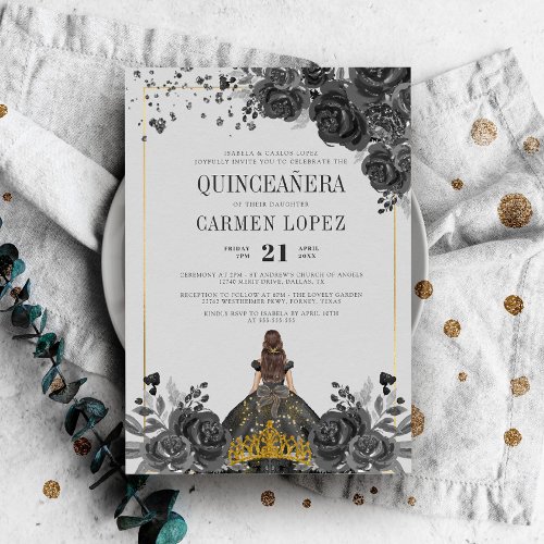 Floral Black Gold Princess Birthday Quinceanera Invitation
