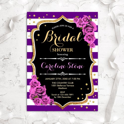 Floral Black Gold Purple Stripes Bridal Shower Invitation