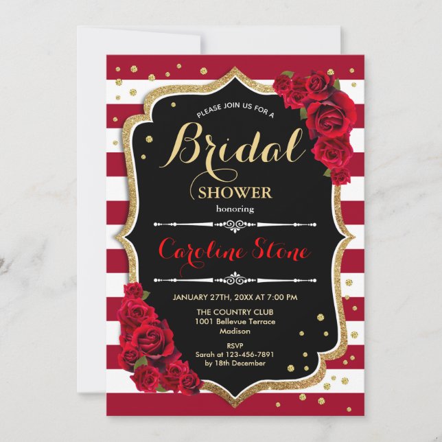 Floral Black Gold Red Stripes Bridal Shower Invitation (Front)