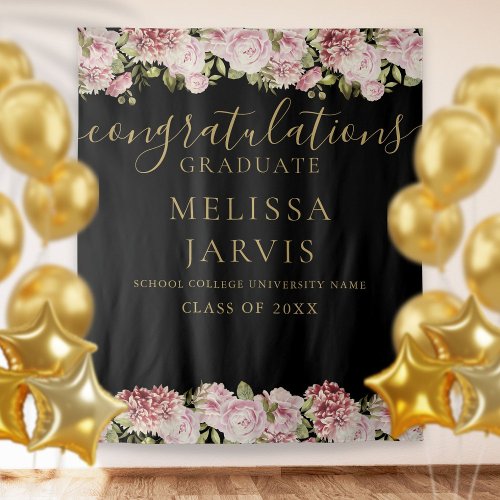 Floral Black Gold Script Graduation Photo Backdrop