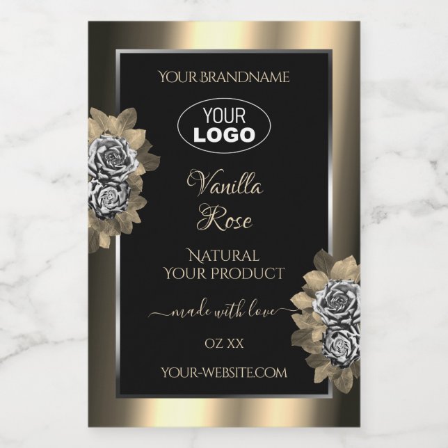 Floral Black Gold Silver Product Labels Roses Logo (Single Label)