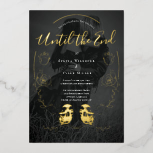 Floral Black Gold Skull Photo Gothic Wedding Foil Invitation