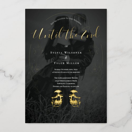 Floral Black Gold Skull Photo Gothic Wedding Foil Invitation